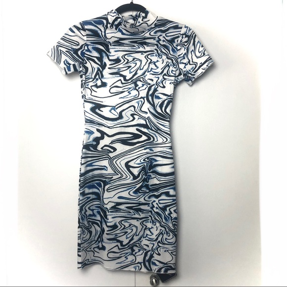 Zaful Twirled Printed Mock Neck Bodycon Dress NWT Blue Black - Picture 2 of 6